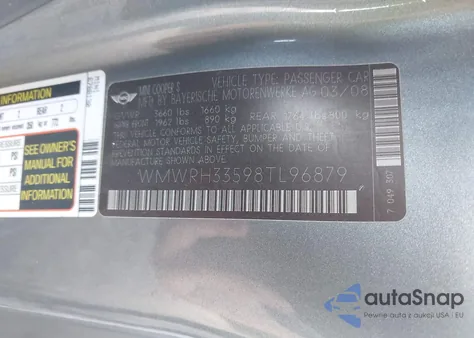 2008 Mini Cooper S z USA, uszkodzony, nr VIN WMWRH33598TL96879